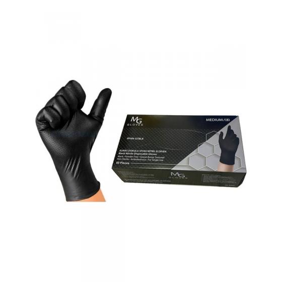 Mg Gloves Nitril Eldiven Çift Yönlü Siyah (L) 50 Li Ekstra Kalın Dokulu Tamirci Eldiveni
